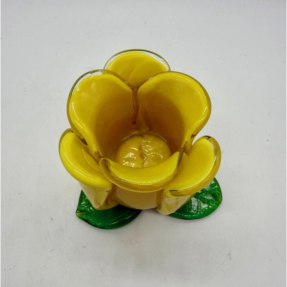 Vase Yellow Hand Blown Glass Art Glass Tulip Votive Candle Holder Cottage
